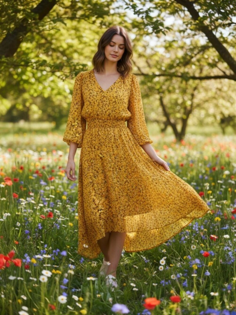 Anthropologie Yellow Floral Springtime Boho Party V neck long Dress Size S